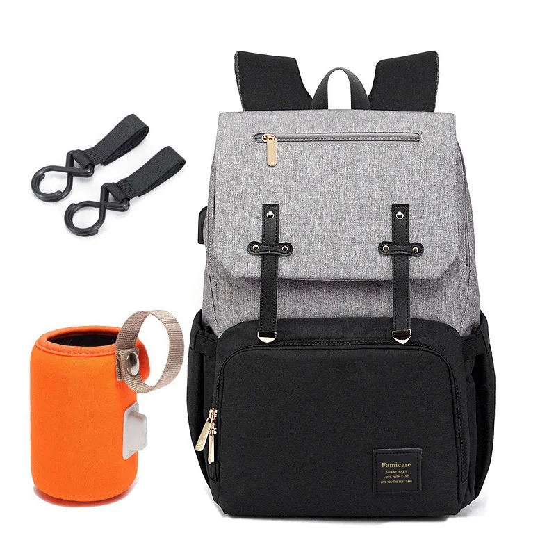 grey with black Сумка для подгузников, рюкзак папы для мам, сумка для детских колясок, водонепроницаемая сумка Оксфорд, сумка для пеленки для ухода, сумка, наборы, зарядка через USB, держатель - Цвет: grey with black
