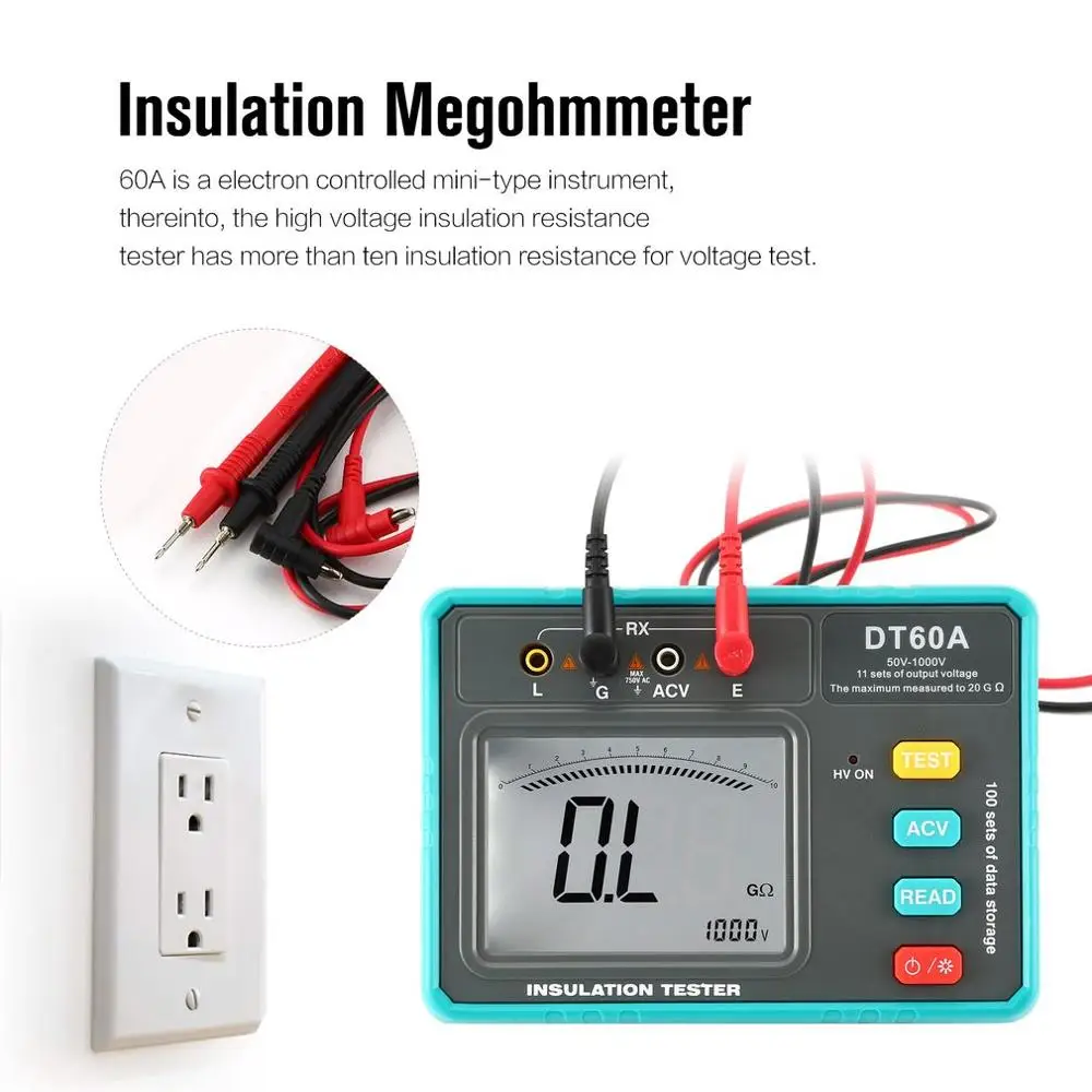 

DT60A 1000V Digital Auto Range Insulation Resistance Meter Tester Megohmmeter Megger High Voltage LED Indication 1999 Counts