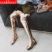 ODS/высокие сапоги до бедра пикантные Серебристые зеркальные Сапоги выше колена женская обувь из лакированной кожи с Т-образным ремешком для клубной вечеринки розового и золотого цвета на молнии размера плюс 48