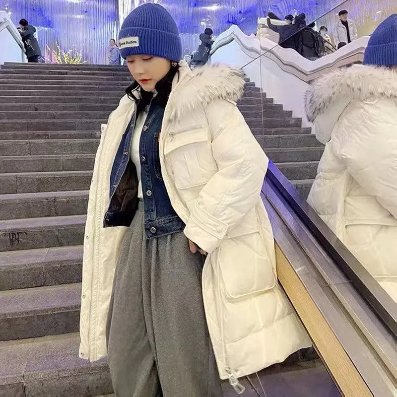 Mid long down jacket women 2021 winter new big fur collar thick waist fashion INS white eiderdown coat for brand fahion girl