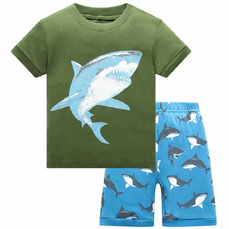 Зеленые детские комплекты одежды с динозавром, пижамы для мальчиков, костюм из 2 предметов, Пижама для маленьких мальчиков, Детская футболка, шорты, штаны, хлопок