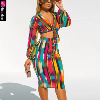 

Women Two Piece Matching Sets Tie Die Printed Long Sleeve Plunge V-neck Short Top Shirt & High Waist Bodycon Skirt Sets