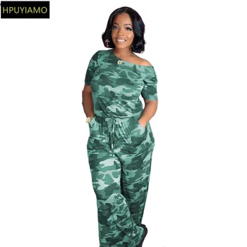 

HPUYIAMO Camouflage Print Off Shoulder Romper Women Jumpsuit Short Sleeve Sexy Club Party Straight Streetwear Jumpsuit Overalls