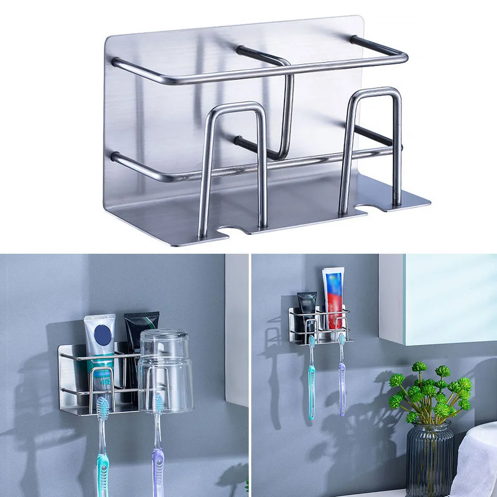 

Stainless Steel Accessories Toothbrush Holder Toothpaste Hanger Cup Self Adhesive Bathroom Storage Rack Wall-mounted