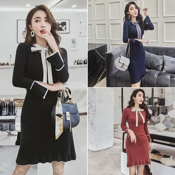 

Vintage New Loose 2019 Full Women Dresses Knit Bow Flarre Sleeve Dresses Fashion Casual Knee-length Summer Dress