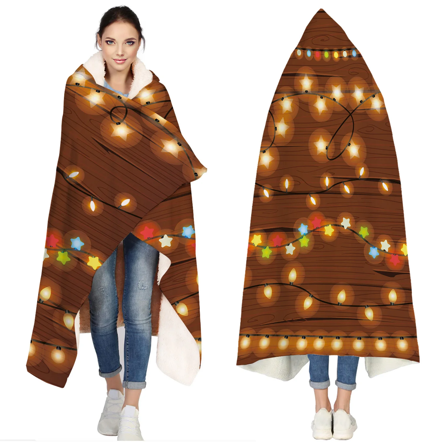 

Merry Christams Neon Light Portable Wearable Fluffy Custom Hooded Blanket Fleece Hooded Throw WrapBed Blanket