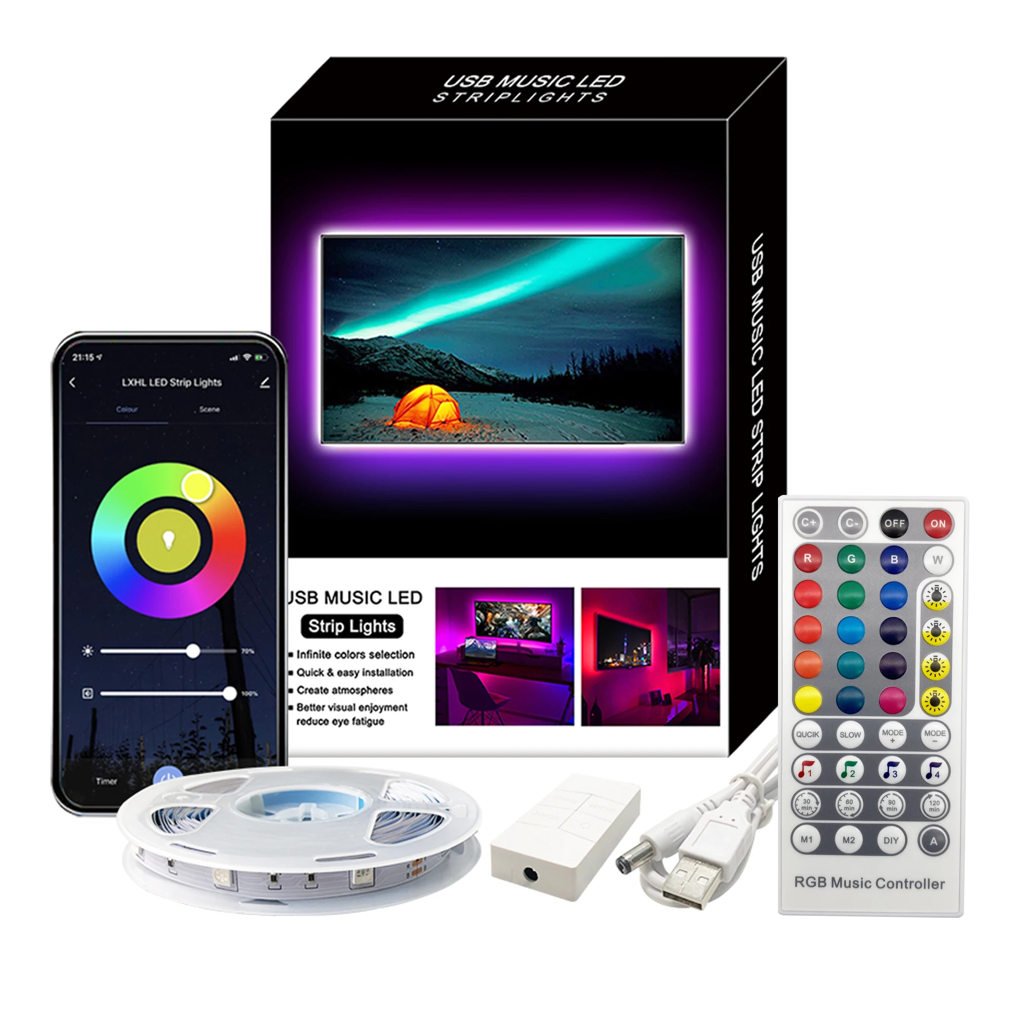 NEW Smart WiFi LED Light Strips TV Backlight 2M/3M USB Music  with Remote Indoor String