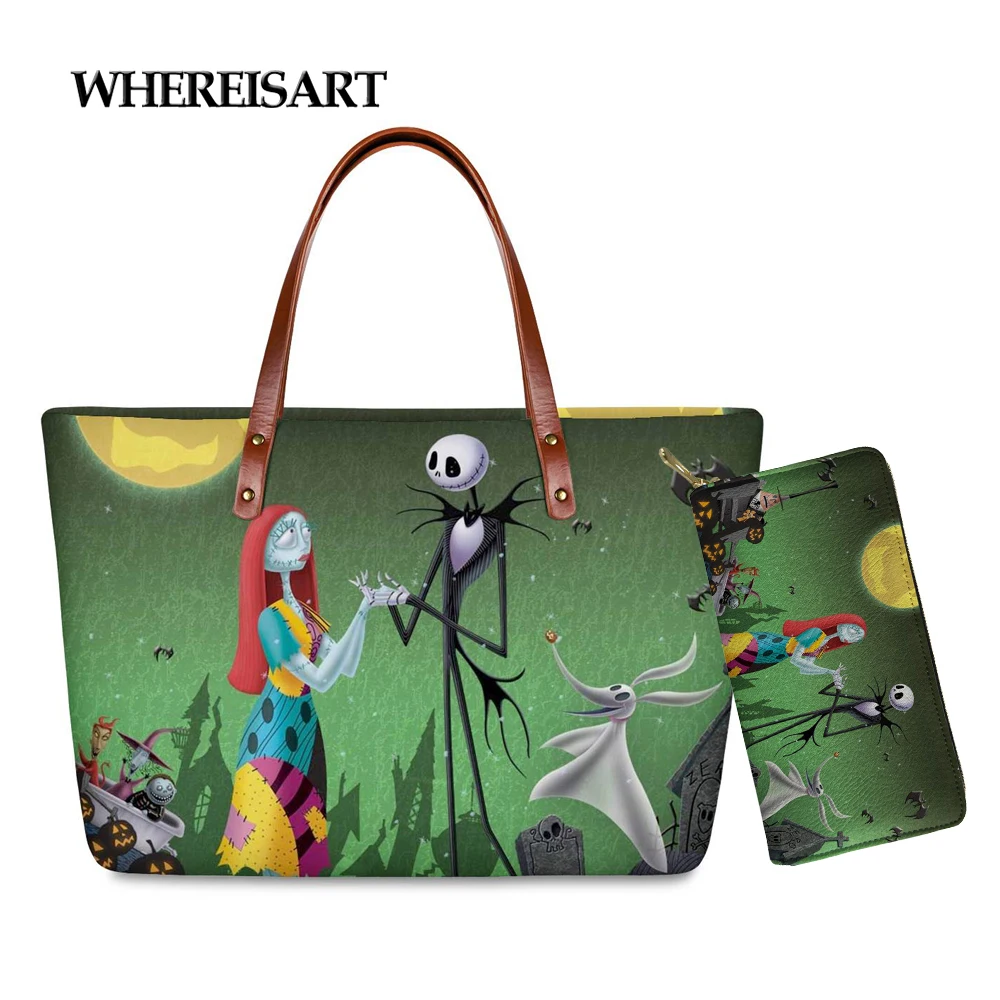 

WHEREISART The Nightmare before Christmas Print Tote Bags for Women Casual Ladies Shoulder Handbags Female Top-handle Bags