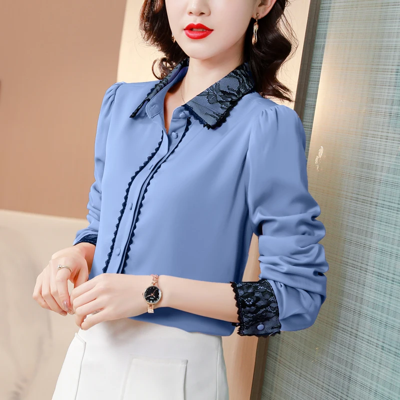 Autumn Spring Elegant Women blouse shirt 2021 long-sleeved Satin OL Tops Fashion Patchwork Lace Blusa | Женская одежда