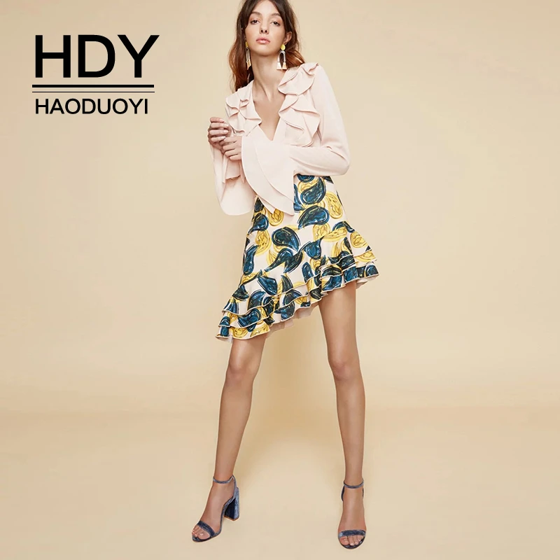 

HDY Haoduoyi Brand Multi Floral Printed Skirts Women High Waist Ruffles Zipper Female Sweet A-Line Casual Summer Buttoms Lady