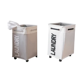 

2 Pcs Dirty Clothes Foldable Storage Basket with Wheel for Office Waterproof Oxford Bathroom, Light Gray & White