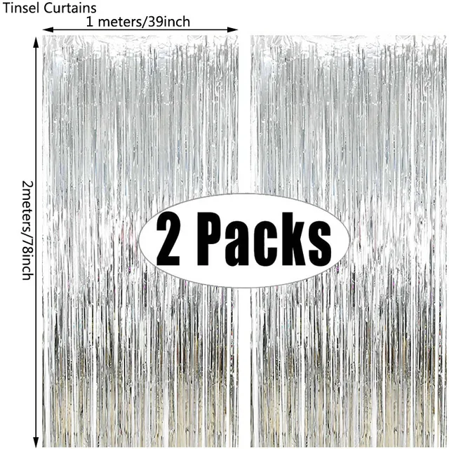 2Pack Party Backdrop Metallic Foil Fringe Tinsel Curtain Adult Kids Birthday Party Wedding Decoration Baby Shower Favor Supplies silver