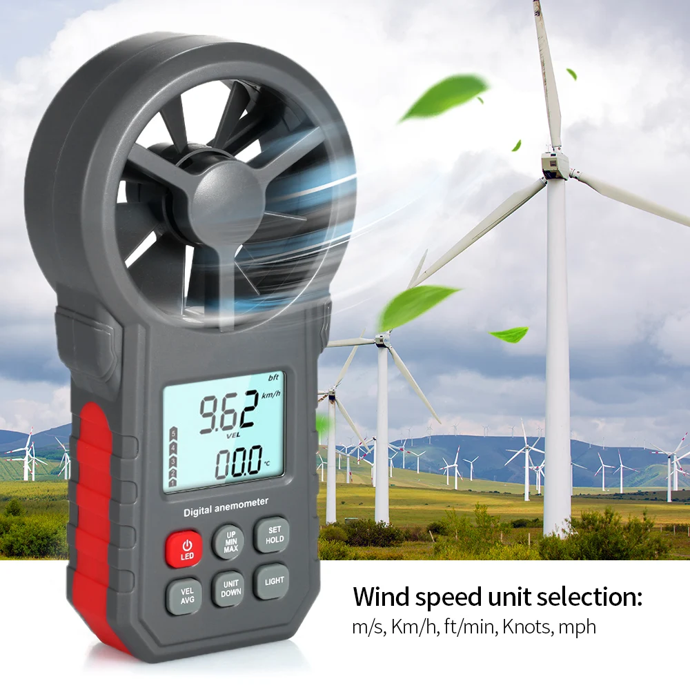 

Professional LCD Digital Wind Speed Meter Sensor Gauges Anemometer Tachometer Air Velocity Temperature Test Tool with Flashlight