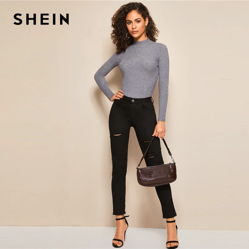 SHEIN Solid Stand Collar Ribbed Knit Autumn Casual Sweater Women Tops Winter Long Sleeve Form Fitted Ladies Basic Sweaters