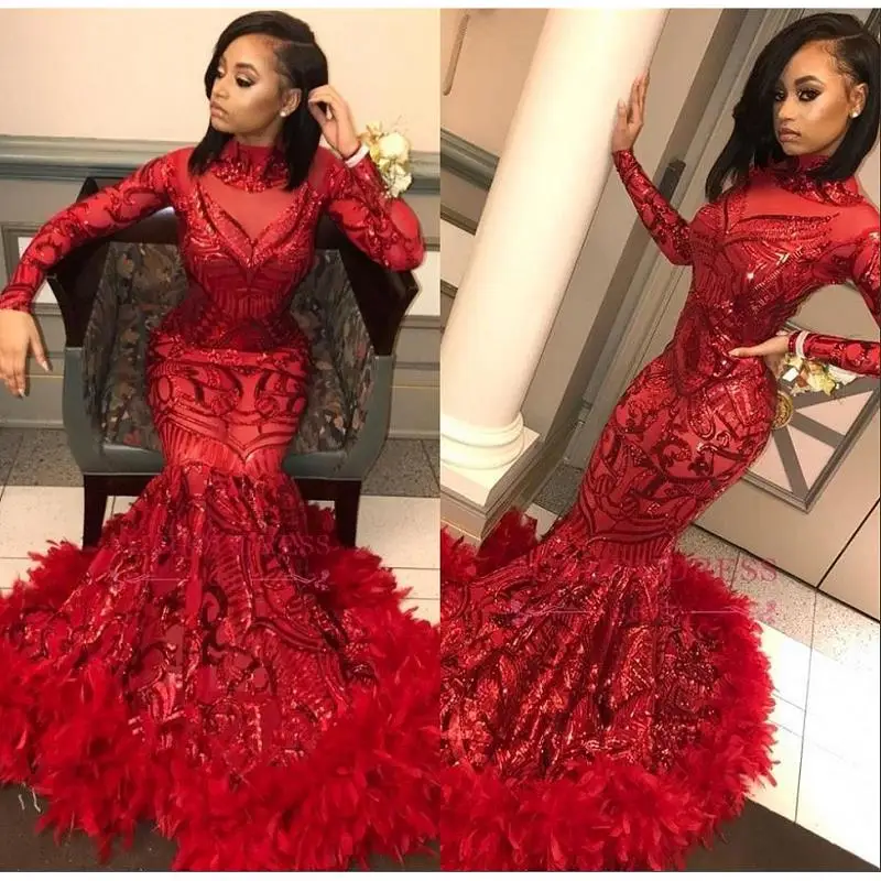 Красный Африканские платья для выпускного вечера со стразами vestido de festa вечернее платье с длинным рукавом Вечерние платья с высоким воротом импортные вечерние платья - Цвет: Красный