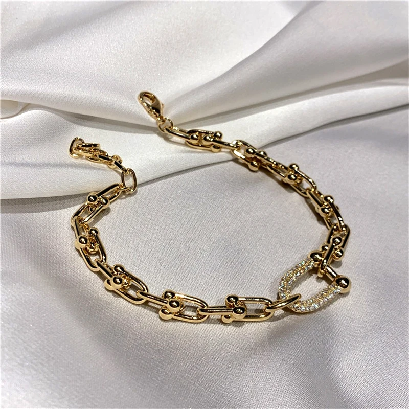 Trendy Design 14K Real Gold Geometry U Shape Metal Bracelet for Women Korean Fashion Temperament Jewelry Shiny AAA Zircon Gift | Украшения