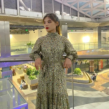 

Korean autumn and winter 2019 new East Gate retro elegant high collar waistband Floral Chiffon Dress