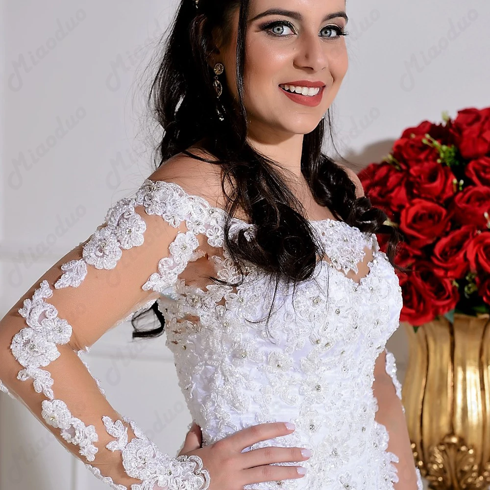 Miaoduo Vestidos de noiva sereia branco abiti da sposa Иллюзия кнопка назад аппликационные Жемчужины для