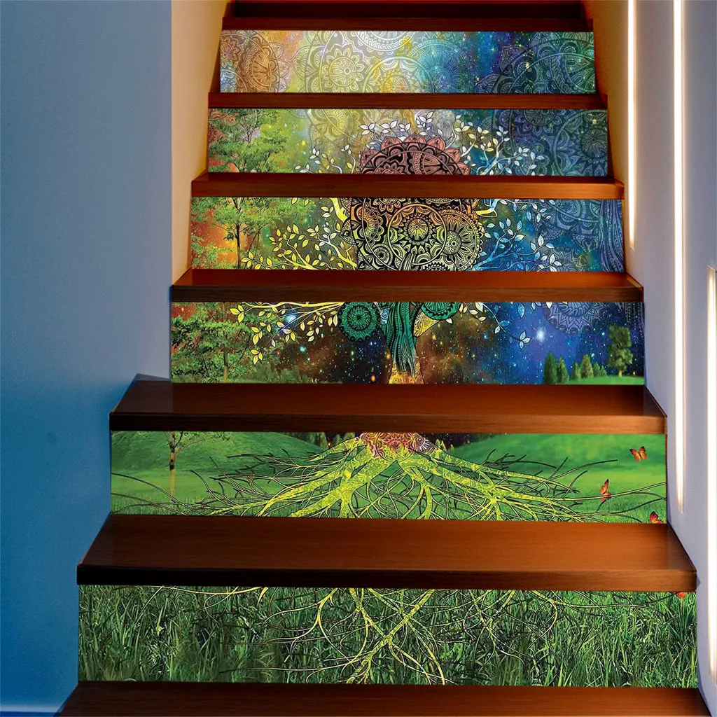 3D Bookcase Entrance Stair Risers Staircase Sticker Mural Vinyl Set Morrocan Style Waterproof Floor Decor