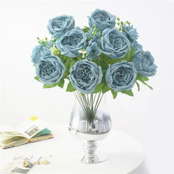 

9 Heads Artificial Peony Flower Bouquet Wedding Party Silk Cloth Floral Bouquet Home Office Fake Peony, Blue