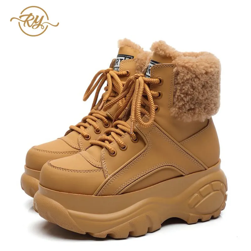 Apricot RY-RELAA женские кроссовки; коллекция года; модные высокие кроссовки из натуральной кожи; зимняя женская обувь на платформе из овечьей шерсти; белые кроссовки - Цвет: Apricot