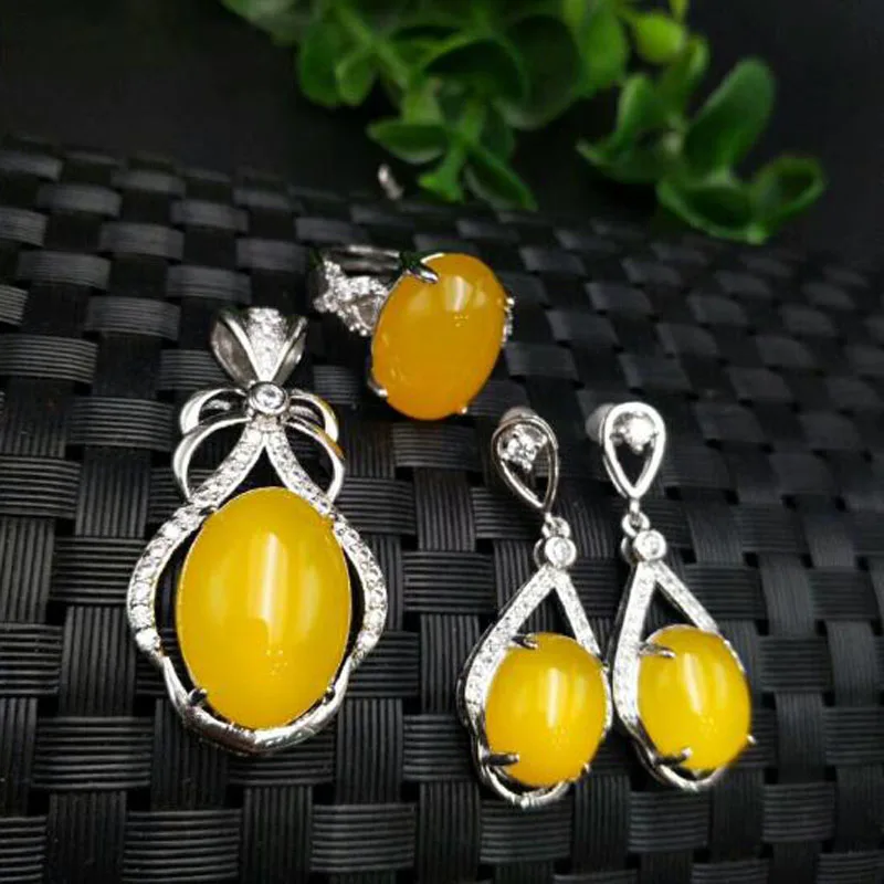 LETSFUN Fine Jewelry 925 Серебряный инкрустированный натуральным зеленым нефритом халцедон Овальный Кулон Кольцо Rop серьги три штуки