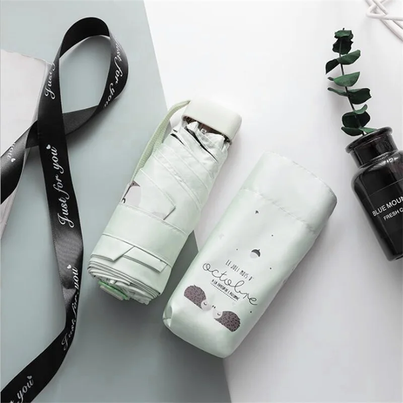 Hedgehog Green Мини мультяшный карманный зонтик, детский зонт, 5 складов, ветрозащитный зонтик с УФ-защитой для девочек, детский зонтик для девочек - Цвет: Hedgehog Green