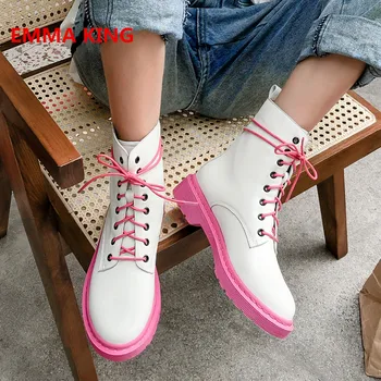 

2019 Fashion Lace-Up Street Martens Boots Women Round Toe Cross-Tied British Martin Boots Winter Leather Flat Heels Ankle Boots