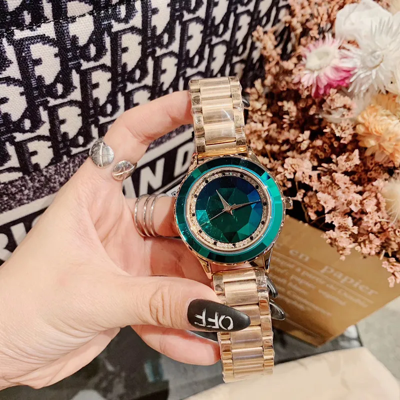 Лучшие модные благородные зеленые статусные часы для женщин водонепроницаемые полностью стальные Кристаллы часы многогранные лицо платье наручные часы