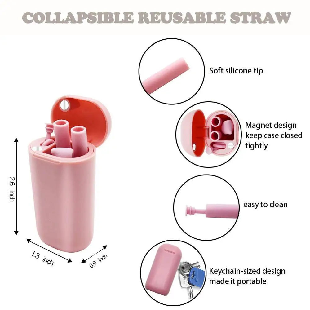 Складная Силиконовая трубочка многоразовая Складная Питьевая солома с чехлом и щетка для чистки путешествий, дома, офиса