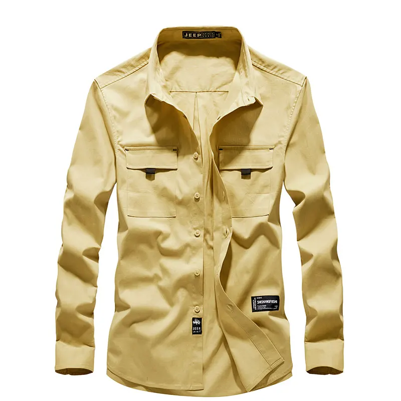 yellow asia size Autumn Men's Dress Smart Casual Shirts Solid Color Cargo Military Style Shirt Men Straight Long-Sleeve High Quality Shirts - Цвет: yellow asia size