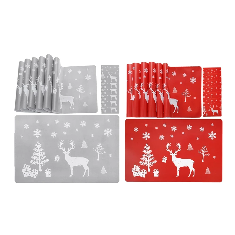 

Christmas Placemat Washable Table Place Mat Set of 6 Placemat & 6 Cup Mats,Elk, Christmas Tree, Snowflake Printed
