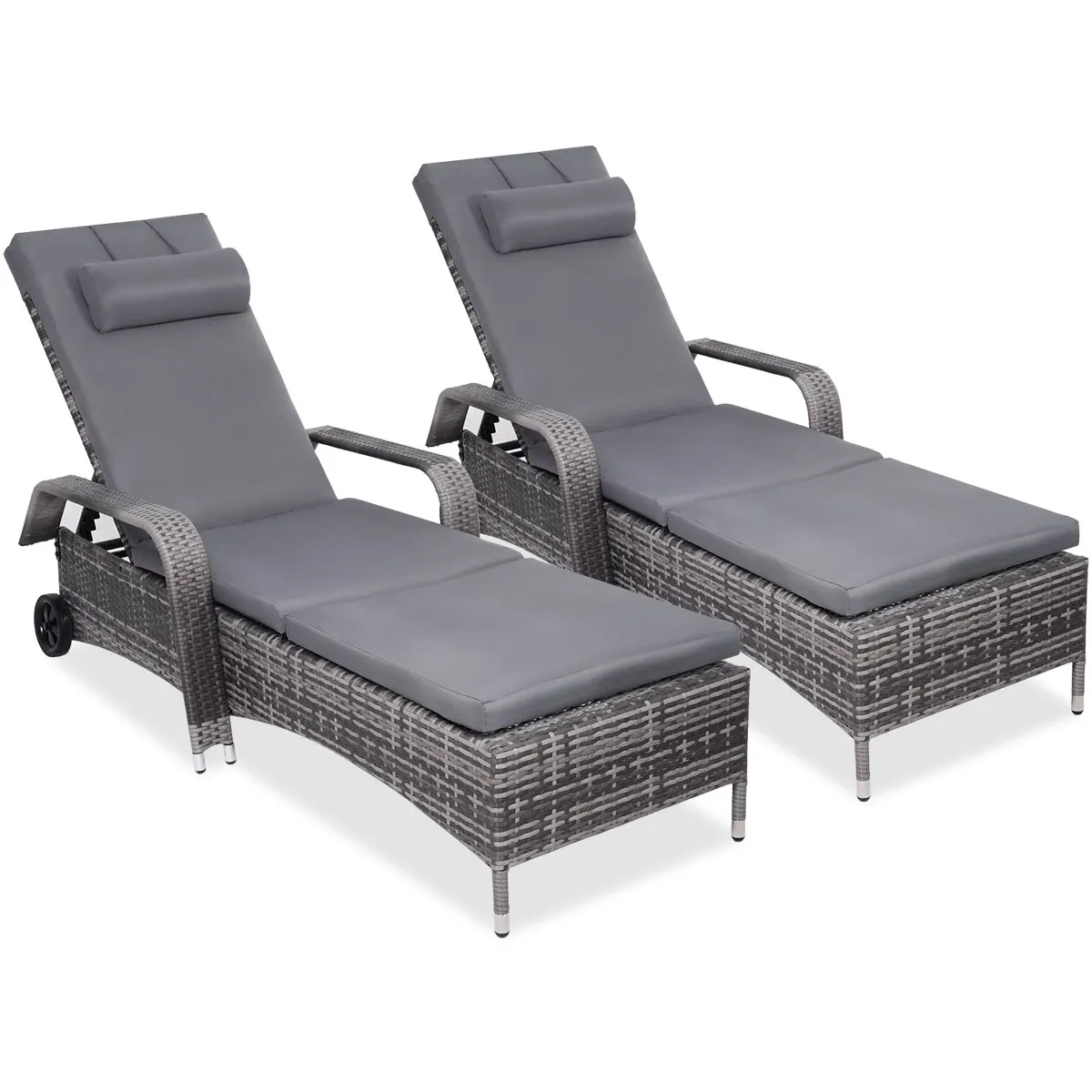 

2PC Rattan Chaise Lounge Chair Recliner Cushioned Patio Furni Adjustable W/Wheel