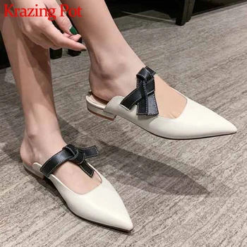 

Krazing pot new design genuine leather leisure outside slipper slip on mixed colors lace up pointed toe spring women shoes L68