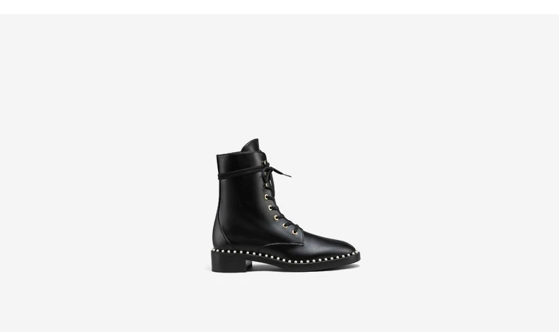 black-leather Doc/женские ботинки роскошные дизайнерские мотоциклетные ботинки женские ботинки до середины икры с заклепками и жемчугом круглый носок, на шнуровке, квадратный каблук - Цвет: black-leather