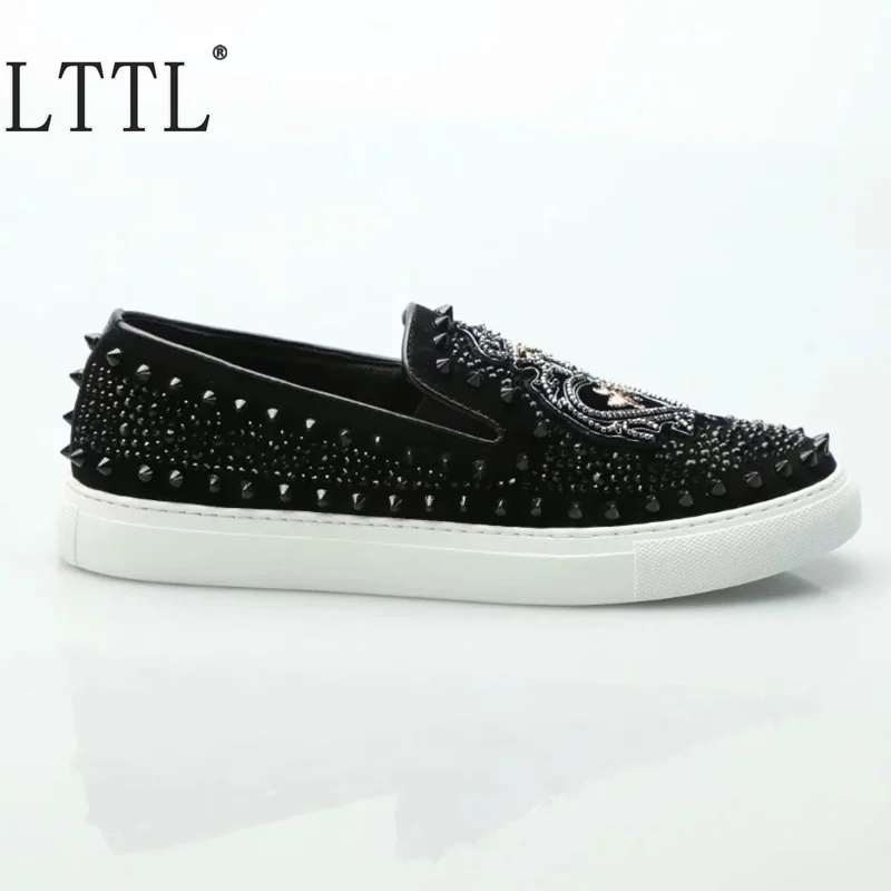 LTTL New Arrival Black Sneakers Suede Rivets Rhinestone Men Shoes Luxury Men Loafers Breathable Slip On Party And Prom Shoes