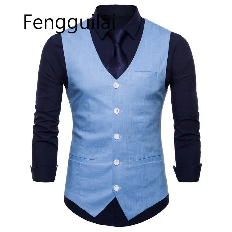light blue Мужской приталенный однобортный жилет, брендовый деловой костюм, деловой свадебный жилет, однотонный жилет для мужчин - Цвет: light blue