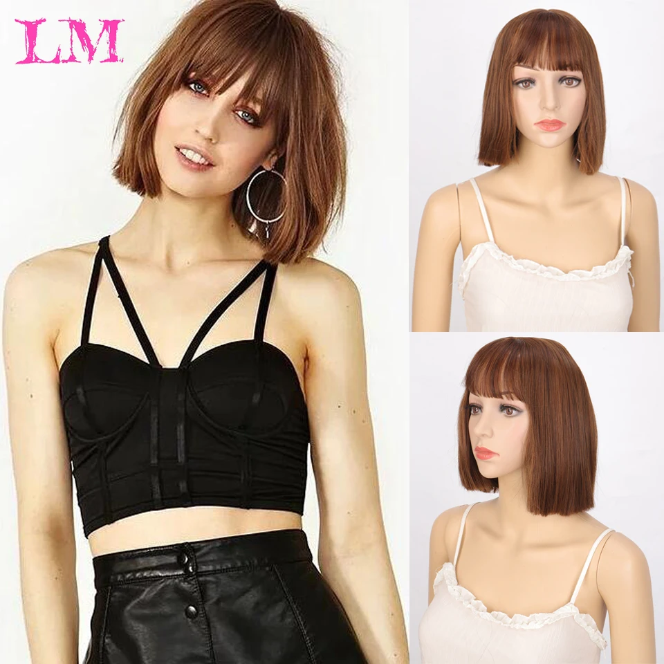 

LIANGMO Straight Black Bob Wig With Bangs Synthetic Short Wigs for Women Heat Resistant Fiber Hair Cosplay Wig