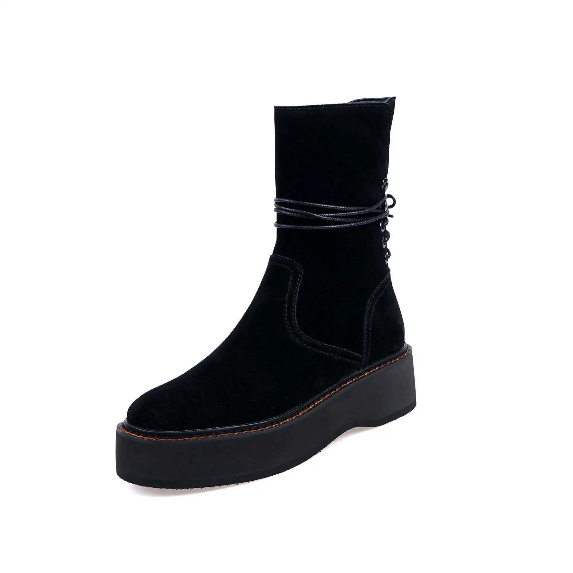black cow suede Lenkisen/Новые модные ковбойские сапоги из натуральной кожи на высоком каблуке с круглым носком и перекрестной шнуровкой сапоги до середины икры на толстой платформе, L85 - Цвет: black cow suede
