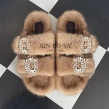 New Arrival sandały damskie Furry slajdy 100% luksusowe norek kapcie płaski obcas stacja europejska kapcie zimowe darmowa wysyłka