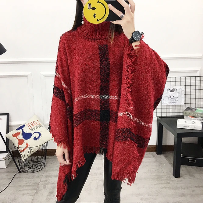 

Spring Autumn Women's Shawl New High Neck Loose Tassel Cloak Sweater Coat Large Knitted Girl Casual Keep Warm Loop Yarn