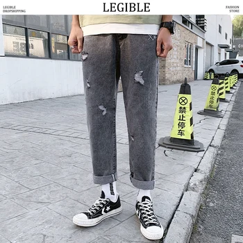 

LEGIBLE Spring Autumn Solid Jeans Mens Casual Hole Pants Loose Fit Trousers New Brand Straight Zipper Pants Men