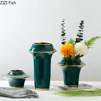 

Chinese Ceramics Vase Green Glaze Golden Edge Vases Desk Decor Flower Insert Artificial Flowers Home Decoration Accessories