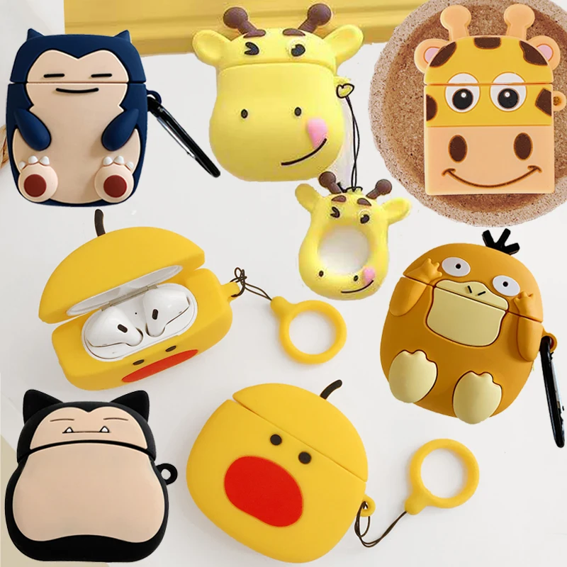 Для AirPods 3D милый желтый утенок из мультфильма Жираф чехол для Airpods 2 аниме Psyduck Snorlax Kabigon Bear беспроводной чехол для наушников