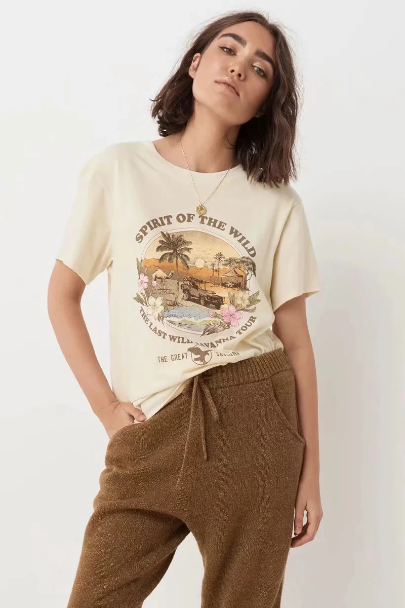 KIYUMI Tshirt Women Coconut Tree Pattern Print Summer TShirt O-Neck Short Sleeves Tops Casual Cotton Beige Women Tops and Shirts