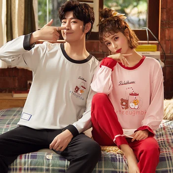 

Cotton Cartoon Winter Couple Pajamas Set O-Neck Casual Nightwear Long Sleeve Top + Long Pants Sleepwear Lovers Homewear