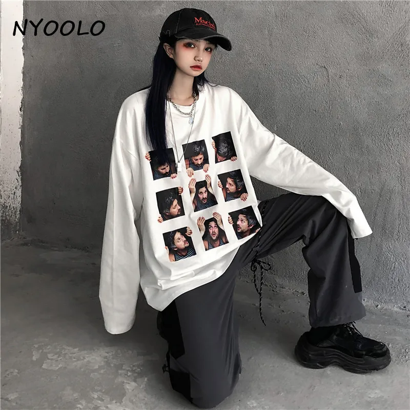 NYOOLO Harajuku винтажная уличная Футболка с принтом головы портрет Топы Осенняя свободная футболка с длинными рукавами и круглым вырезом Женская мужская одежда