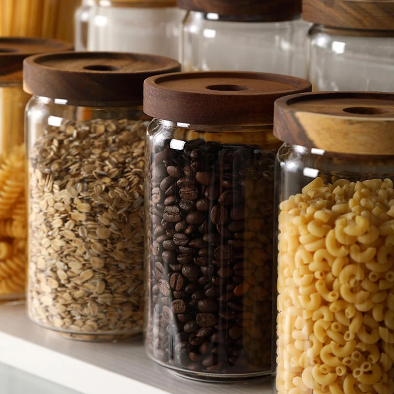 

Glass Food Storage Container Airtight Storage Jar Wooden Lid Glass Jar Coffee Sugar Spice Food Container Kitchen Storage Bottle