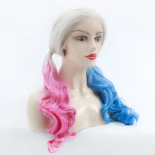 Парики для косплея Харли Куинн, волнистые, синтетические, конский хвост, парик для косплея, высокотемпературное волокно, парик для косплея, кружевная передняя часть, половина розового, половина синего цвета