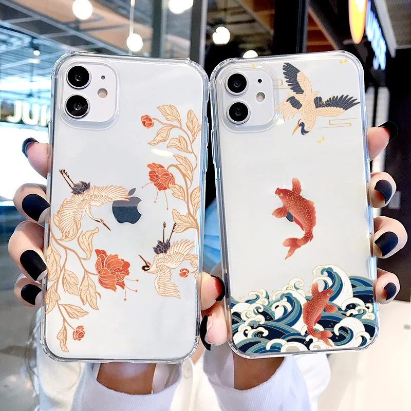 Чехлы в китайском стиле Crane and Koi для iPhone 11 12 Pro Max 8 7 Plus SE2 XR XS X противоударный мягкий